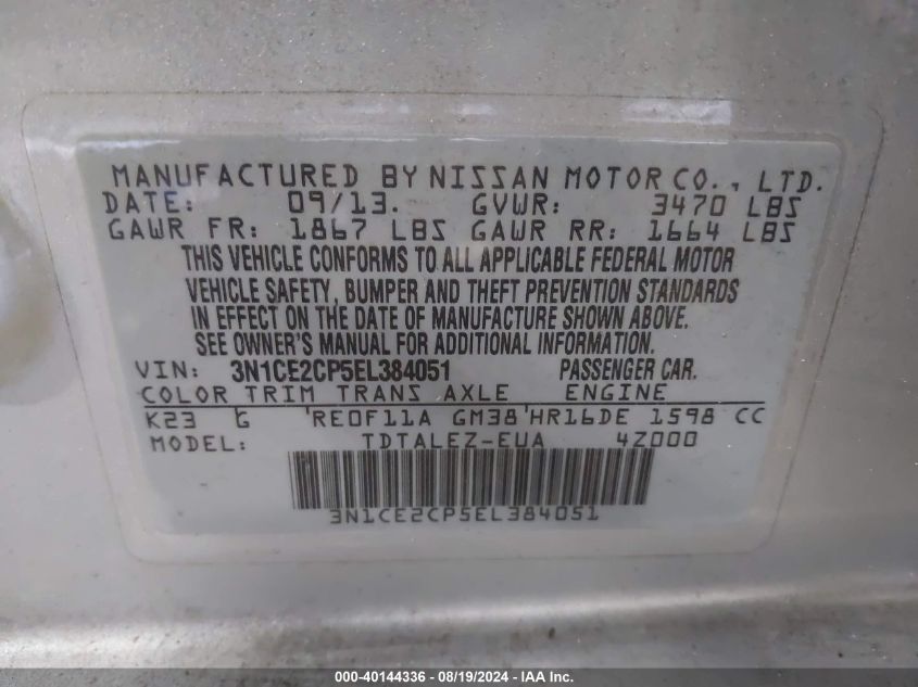 2014 Nissan Versa Note Sv VIN: 3N1CE2CP5EL384051 Lot: 40144336