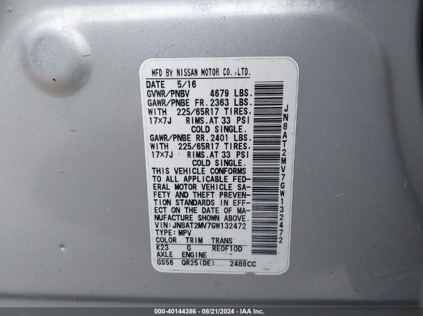 2016 Nissan Rogue S VIN: JN8AT2MV7GW132472 Lot: 40144386