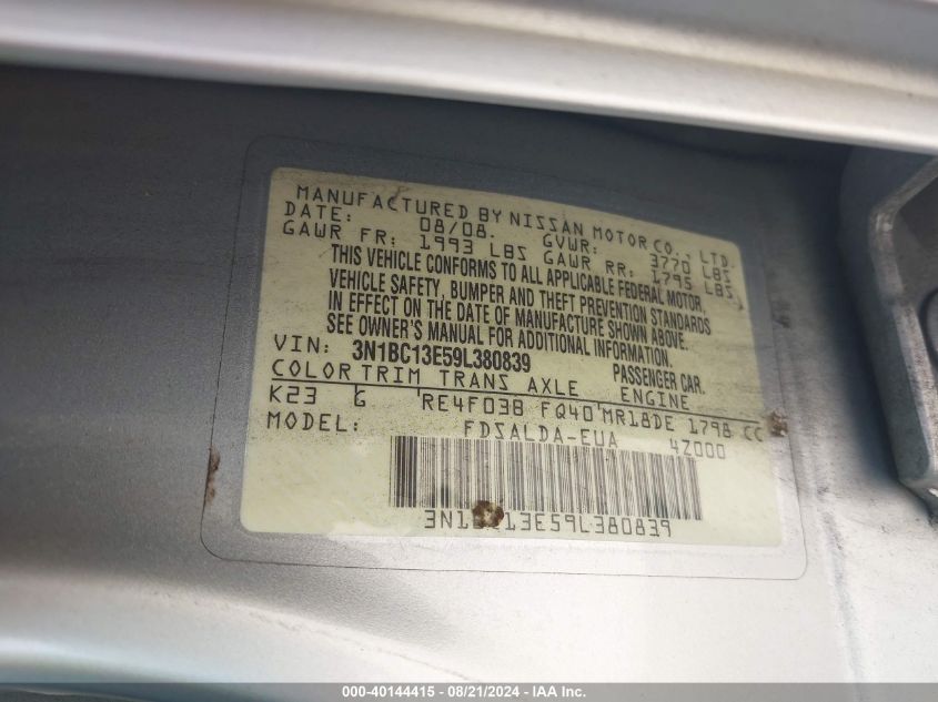 2009 Nissan Versa S/Sl VIN: 3N1BC13E59L380839 Lot: 40144415