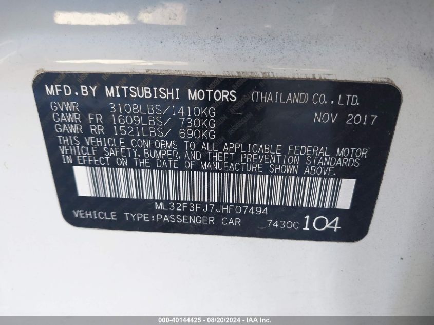 2018 Mitsubishi Mirage G4 Es VIN: ML32F3FJ7JHF07494 Lot: 40144425