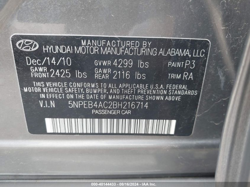 2011 Hyundai Sonata Gls VIN: 5NPEB4AC2BH216714 Lot: 43833228