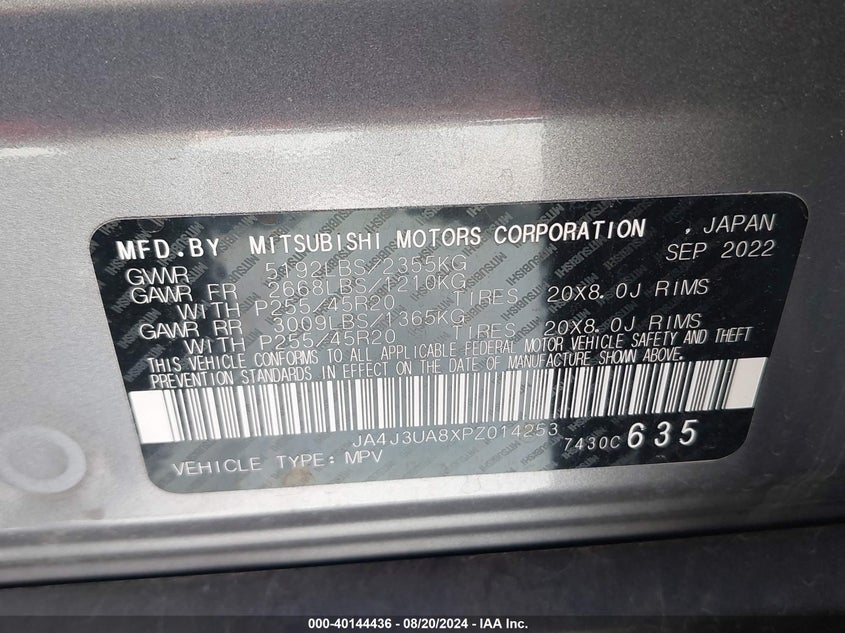 2023 Mitsubishi Outlander Se/Se Black Edition/Se Te VIN: JA4J3UA8XPZ014253 Lot: 40144436