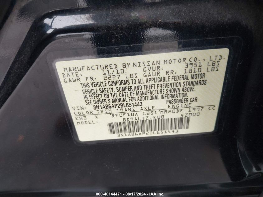 2011 Nissan Sentra 2.0Sr VIN: 3N1AB6AP2BL651443 Lot: 40144471