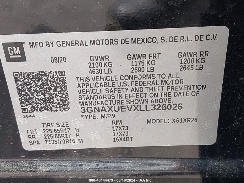 2020 Chevrolet Equinox Awd Lt 1.5L Turbo VIN: 3GNAXUEVXLL326026 Lot: 40144479