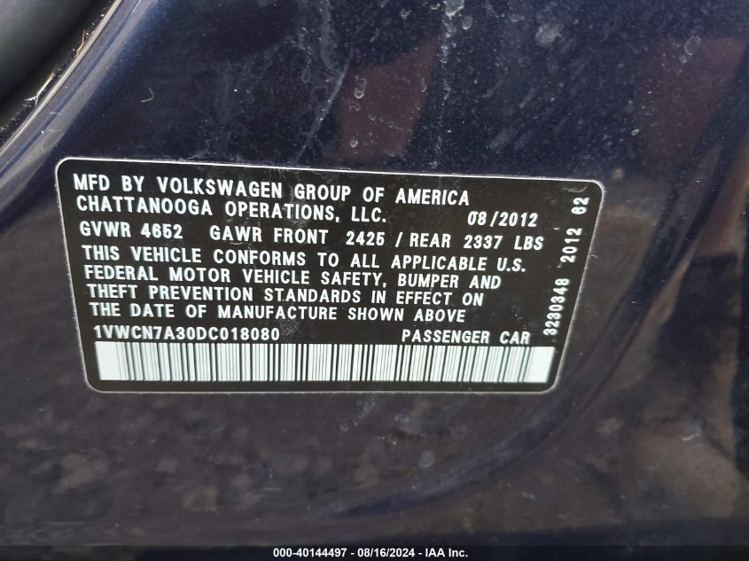 2013 Volkswagen Passat 2.0L Tdi Sel Premium VIN: 1VWCN7A30DC018080 Lot: 40144497