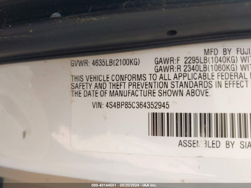 2006 Subaru Outback 3.0R Vdc Limited VIN: 4S4BP85C364352945 Lot: 40144551