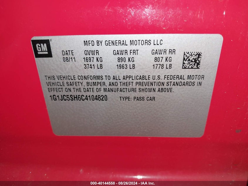 2012 Chevrolet Sonic 2Lt VIN: 1G1JC5SH6C4104820 Lot: 40144558