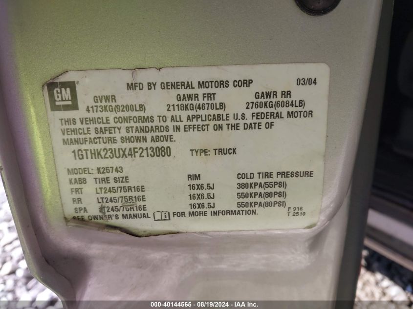 2004 GMC Sierra 2500Hd Sle VIN: 1GTHK23UX4F213080 Lot: 40144565