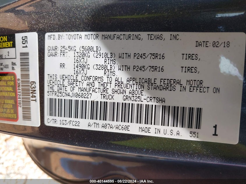 VIN 5TFRZ5CN4JX060227 2018 TOYOTA TACOMA SR5 V6