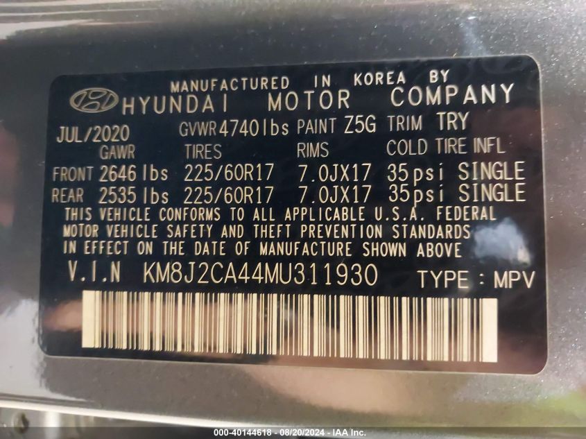 2021 Hyundai Tucson Se VIN: KM8J2CA44MU311930 Lot: 40144618