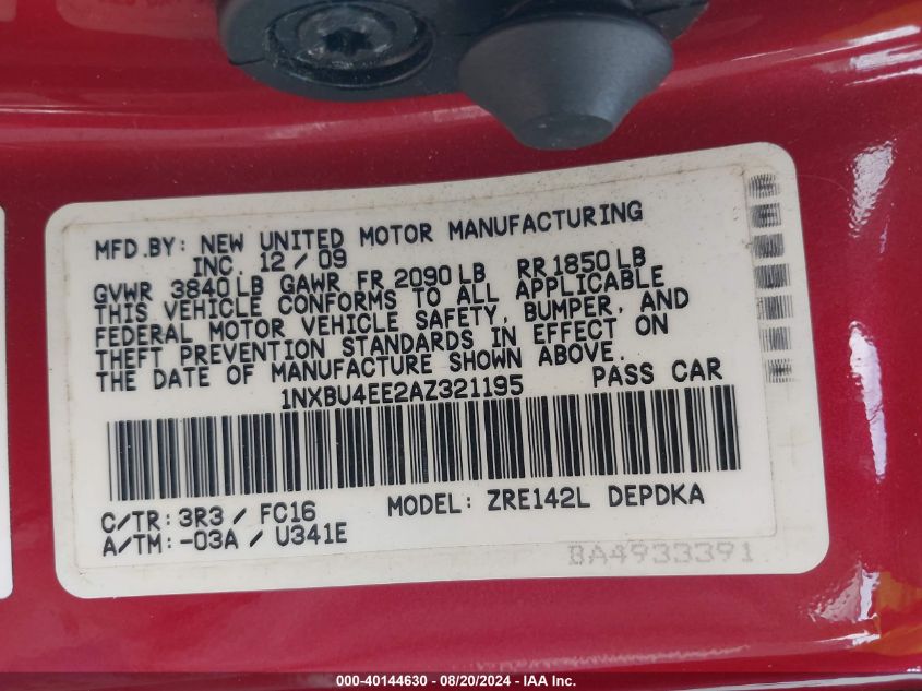 2010 Toyota Corolla Le VIN: 1NXBU4EE2AZ321195 Lot: 40144630