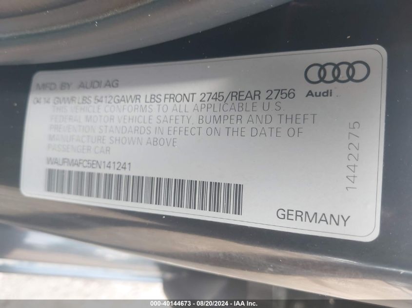 2014 Audi A6 3.0 Tdi Premium Plus VIN: WAUFMAFC5EN141241 Lot: 40144673