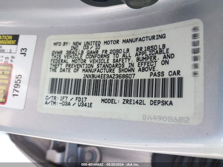 2010 Toyota Corolla S VIN: 1NXBU4EE3AZ368607 Lot: 40144682