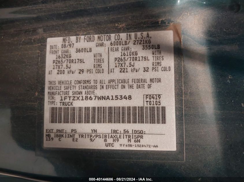 1998 Ford F-150 Lariat/Standard/Xl/Xlt VIN: 1FTZX1867WNA15348 Lot: 40144686