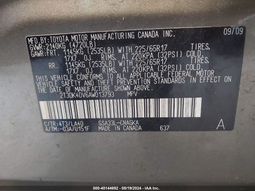 2010 Toyota Rav4 Limited V6 VIN: 2T3DK4DV6AW013793 Lot: 40144692