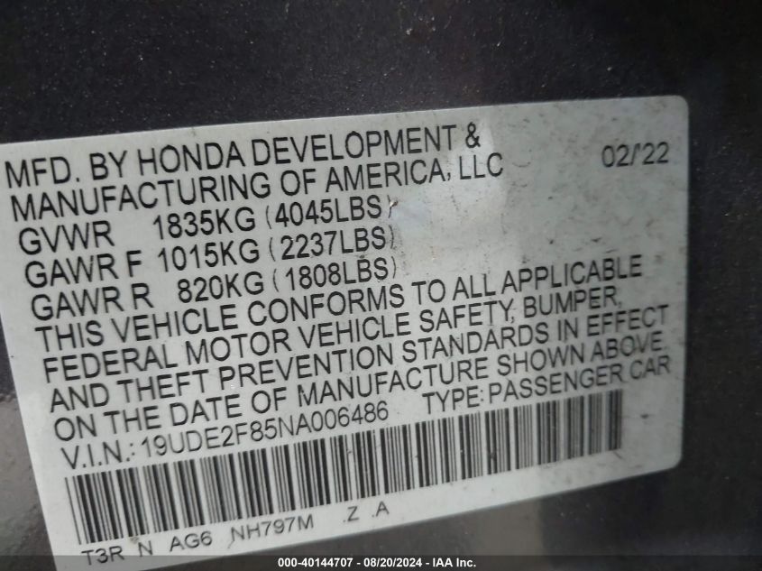 19UDE2F85NA006486 2022 Acura Ilx Premium A-Spec/Technology