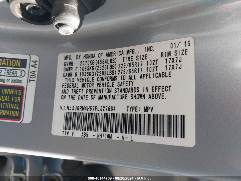 2015 Honda Cr-V Ex VIN: 5J6RM4H57FL027684 Lot: 40144709