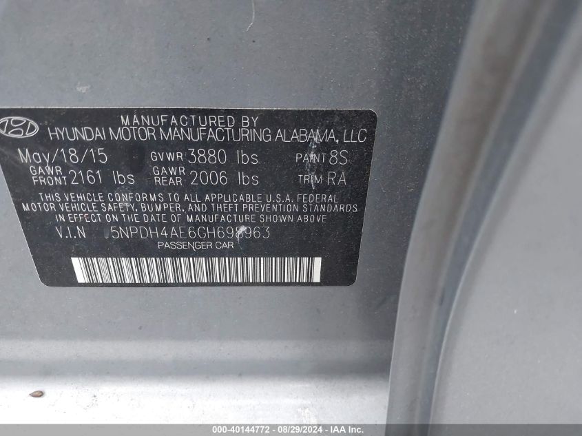 2016 Hyundai Elantra Se VIN: 5NPDH4AE6GH698963 Lot: 40144772