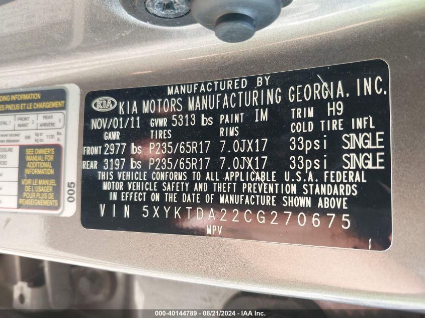 2012 Kia Sorento Lx V6 VIN: 5XYKTDA22CG270675 Lot: 40144789