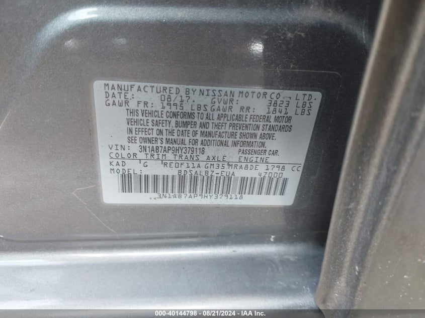 2017 Nissan Sentra S VIN: 3N1AB7AP9HY379118 Lot: 40144798