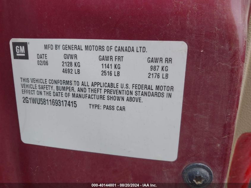 2G1WU581169317415 2006 Chevrolet Impala Ltz