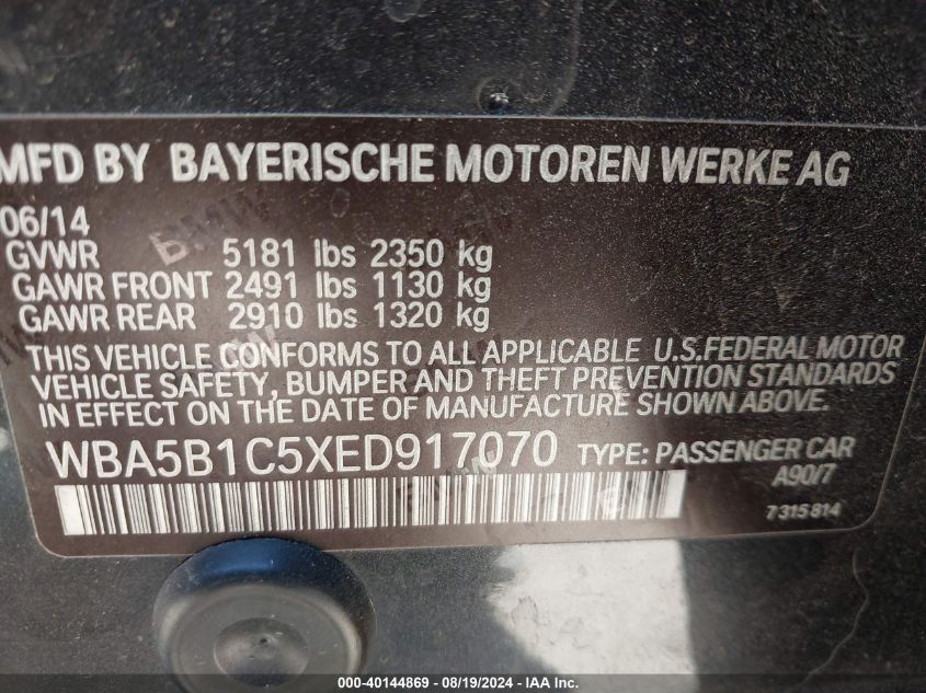 2014 BMW 535I VIN: WBA5B1C5XED917070 Lot: 40144869