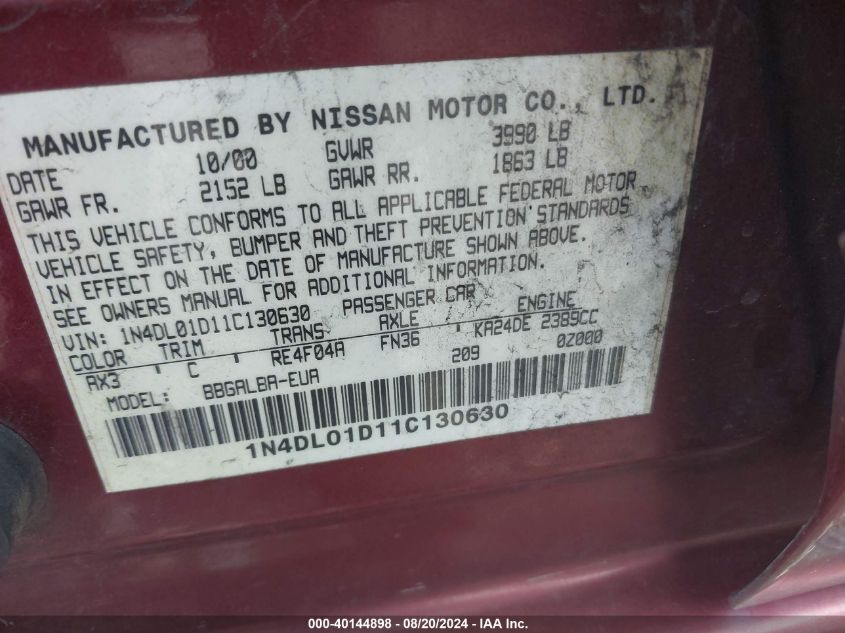 2001 Nissan Altima VIN: 1N4DL01D11C130630 Lot: 40144898