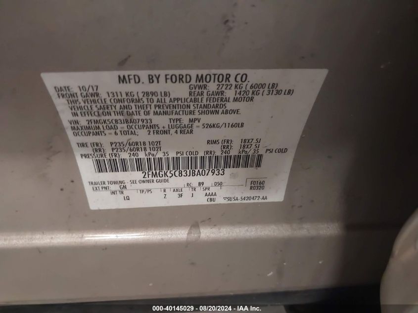 2FMGK5C83JBA07933 2018 Ford Flex Sel