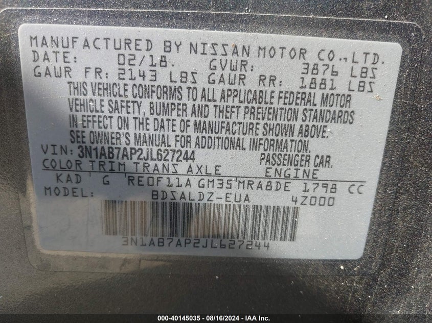 2018 Nissan Sentra Sv VIN: 3N1AB7AP2JL627244 Lot: 40145035