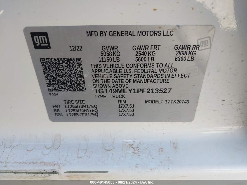 2023 GMC Sierra 2500Hd 4Wd Standard Bed Sle VIN: 1GT49MEY1PF213527 Lot: 40145053