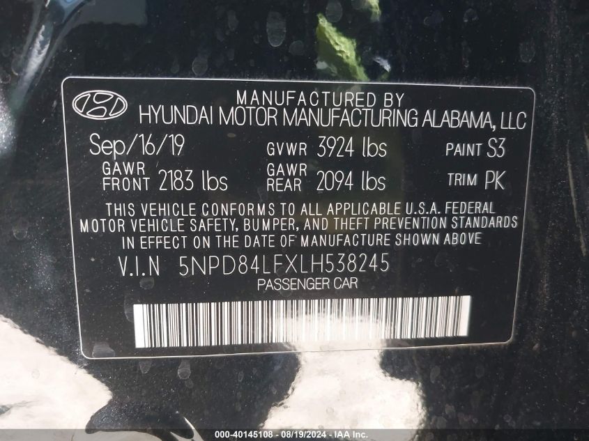 2020 Hyundai Elantra Sel VIN: 5NPD84LFXLH538245 Lot: 40145108