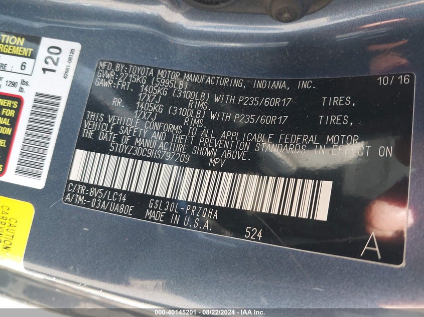VIN 5TDYZ3DC9HS797209 2017 TOYOTA SIENNA XLE 8 PASSENGER