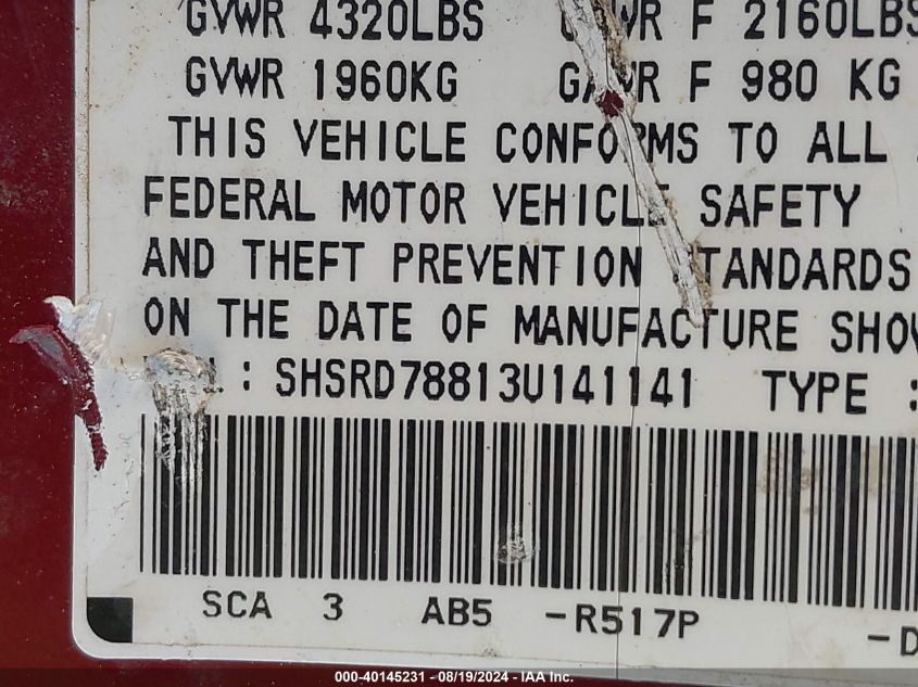 2003 Honda Cr-V Ex VIN: SHSRD78813U141141 Lot: 40145231