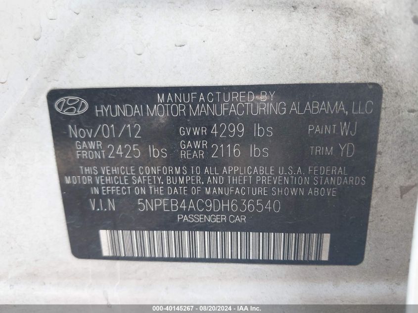 2013 Hyundai Sonata Gls VIN: 5NPEB4AC9DH636540 Lot: 40145267