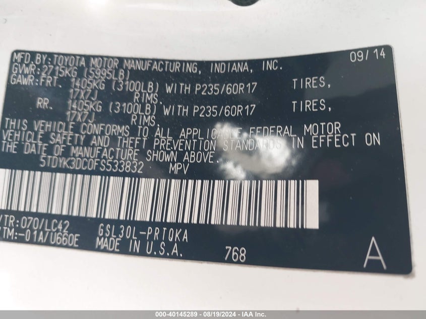 2015 Toyota Sienna Xle Premium 8 Passenger VIN: 5TDYK3DC0FS533832 Lot: 40145289