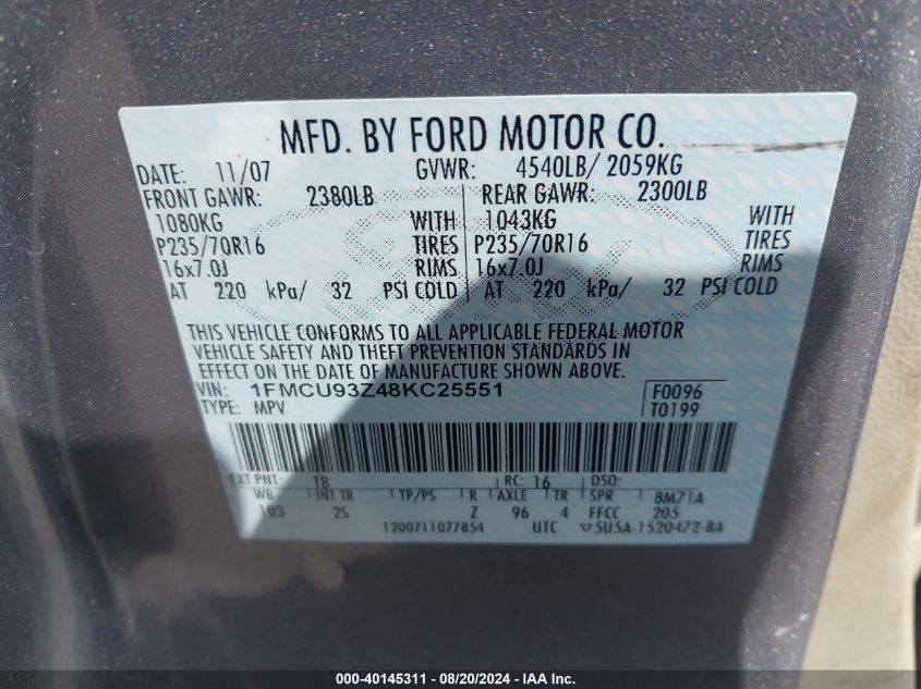2008 Ford Escape Xlt VIN: 1FMCU93Z48KC25551 Lot: 40145311
