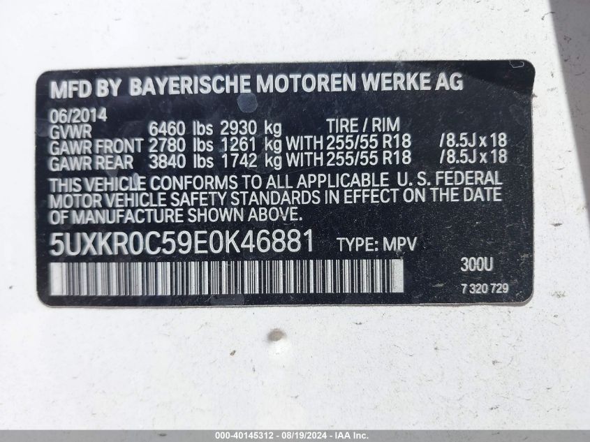 2014 BMW X5 xDrive35I VIN: 5UXKR0C59E0K46881 Lot: 40145312