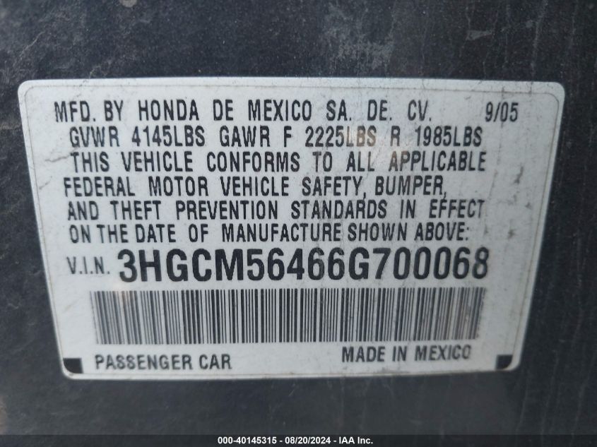 2006 Honda Accord Lx VIN: 3HGCM56466G700068 Lot: 40145315