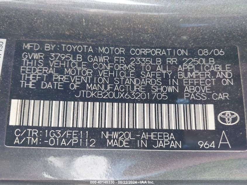 2006 Toyota Prius VIN: JTDKB20UX63201705 Lot: 40145330