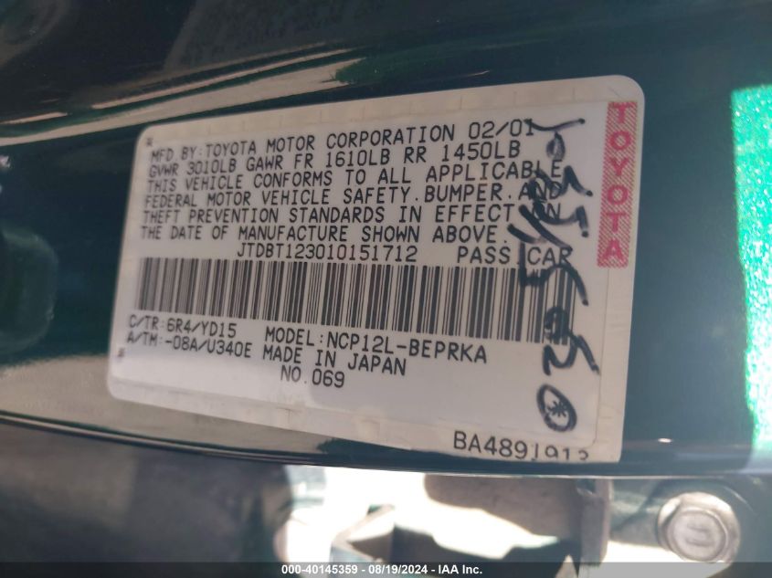 2001 Toyota Echo VIN: JTDBT123010151712 Lot: 40145359