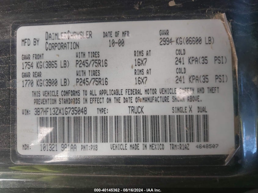 2001 Dodge Ram 1500 St VIN: 3B7HF13ZX1G735048 Lot: 40145362