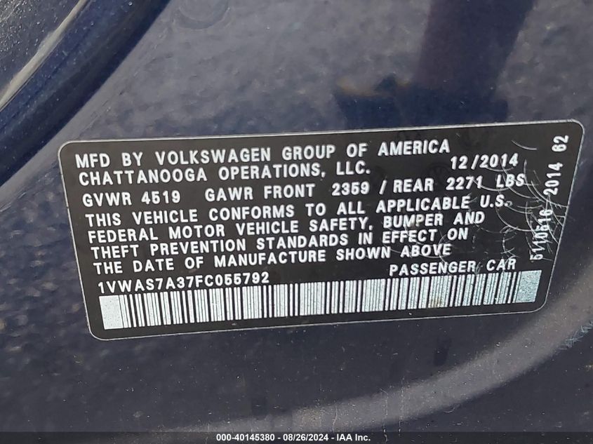 2015 Volkswagen Passat 1.8T Wolfsburg Edition VIN: 1VWAS7A37FC055792 Lot: 40145380