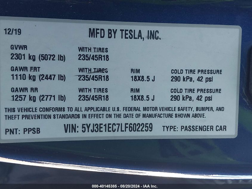 2020 Tesla Model 3 VIN: 5YJ3E1EC7LF602259 Lot: 40145385