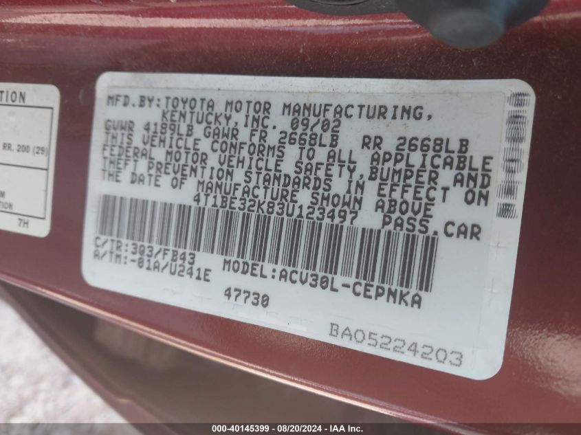 2003 Toyota Camry Le VIN: 4T1BE32K83U123497 Lot: 40145399