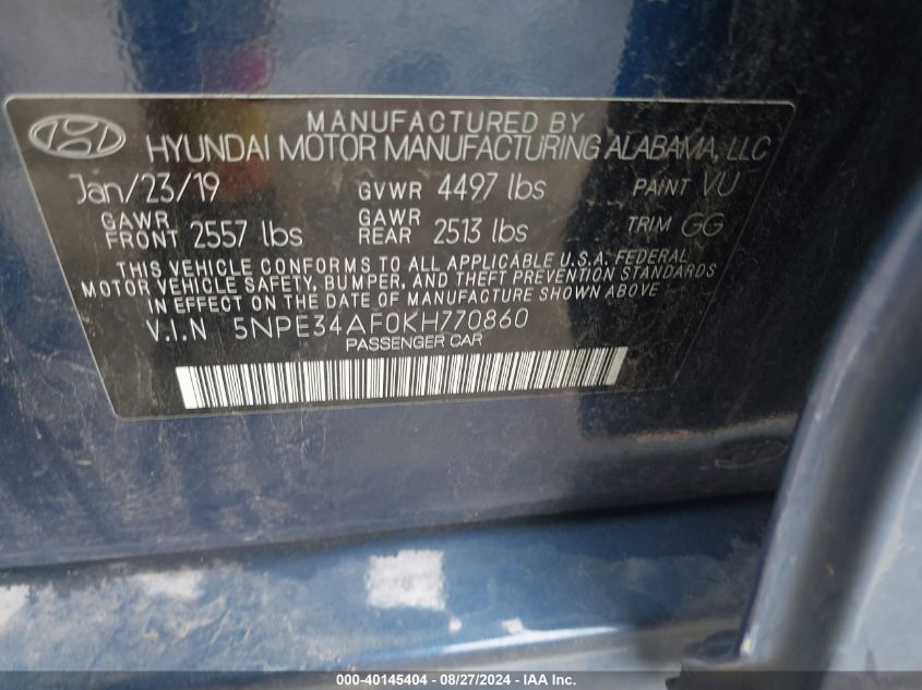 5NPE34AF0KH770860 2019 Hyundai Sonata Sel