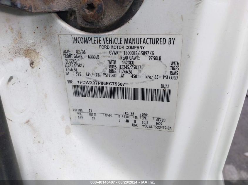 2006 Ford F350 Super Duty VIN: 1FDWX37P86EC75567 Lot: 40145407