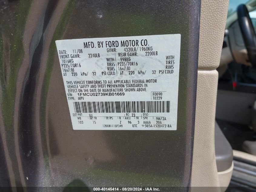 2009 Ford Escape Xls/Xls Manual VIN: 1FMCU02739KB01669 Lot: 40145414