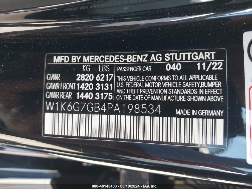 2023 Mercedes-Benz S 580 4Matic VIN: W1K6G7GB4PA198534 Lot: 40145433