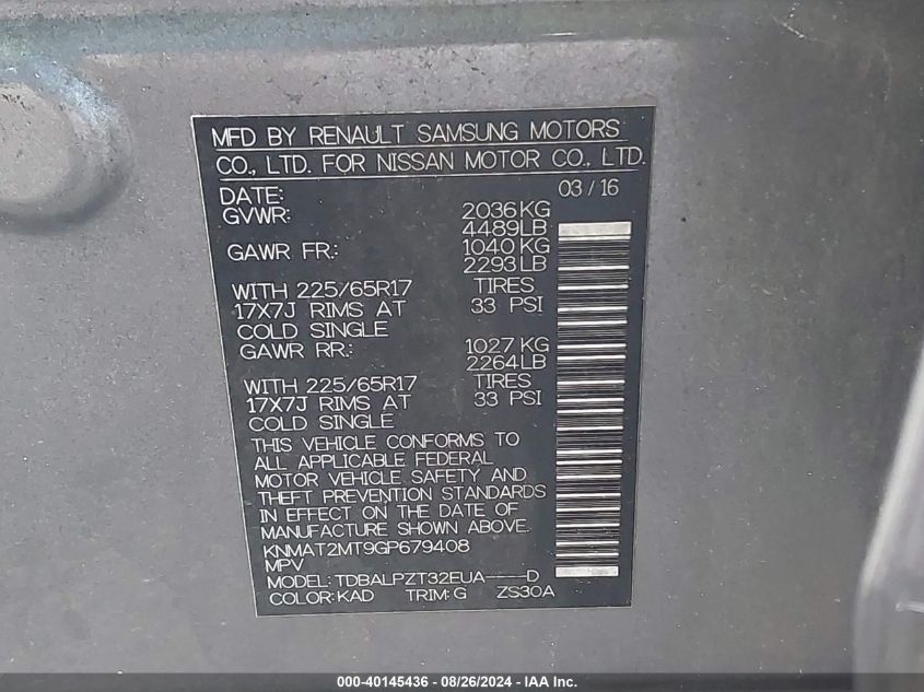 2016 Nissan Rogue S VIN: KNMAT2MT9GP679408 Lot: 40145436