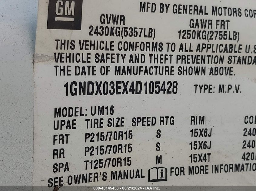 2004 Chevrolet Venture Ls VIN: 1GNDX03EX4D105428 Lot: 40145453